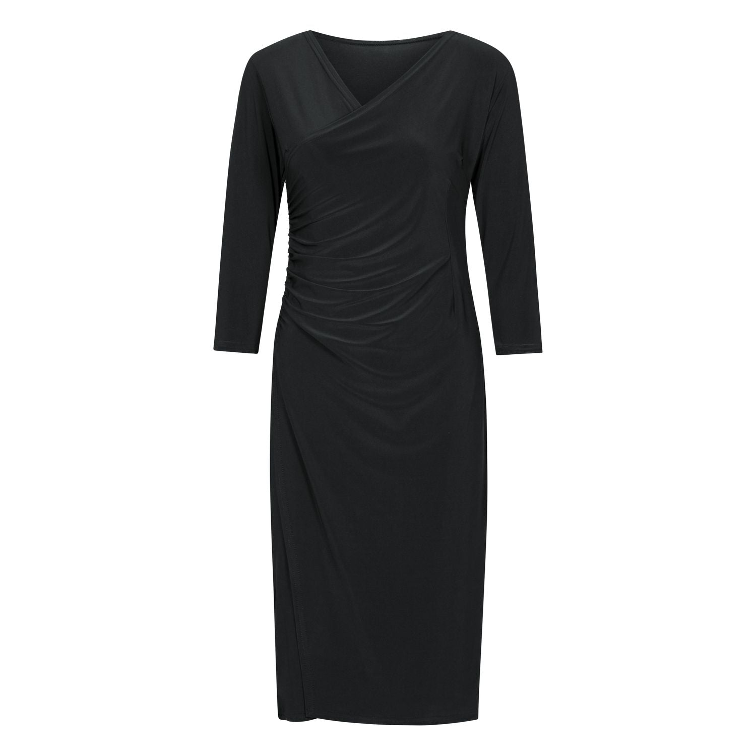 Rumpfs RU5523 Damen-Kleid: Schwarzes, langärmliges, knielanges Kleid mit V-Ausschnitt und gerüschter Taille.